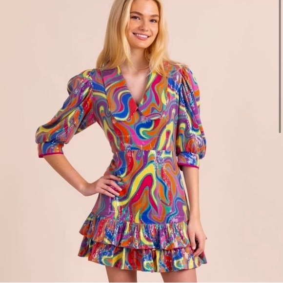 Alden Adair Dresses & Skirts - Alden Adair Multicolor Swirl Wonderland Sequin Piper Dress NWT Size XS